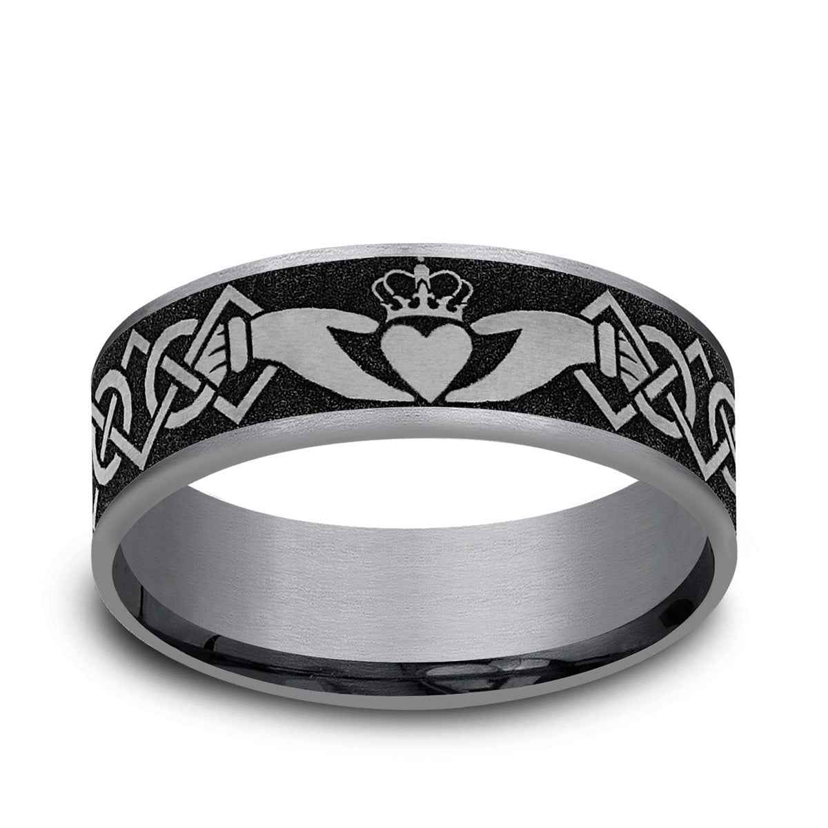 Benchmark Men's 7.5mm Claddagh Wedding Ring in Grey Tantalum & Black Titanium