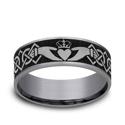 Benchmark Men's 7.5mm Claddagh Wedding Ring in Grey Tantalum & Black Titanium
