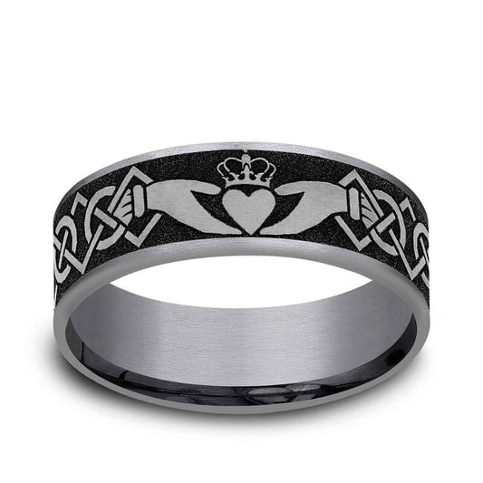 Benchmark Men's 7.5mm Claddagh Wedding Ring in Grey Tantalum & Black Titanium