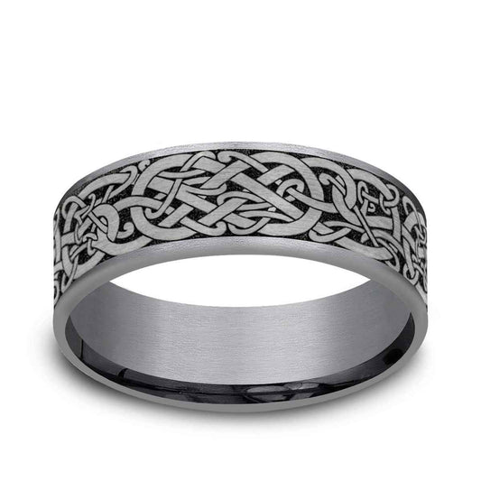 Benchmark Men's 7.5mm Viking Knot Wedding Ring in Grey Tantalum & Black Titanium