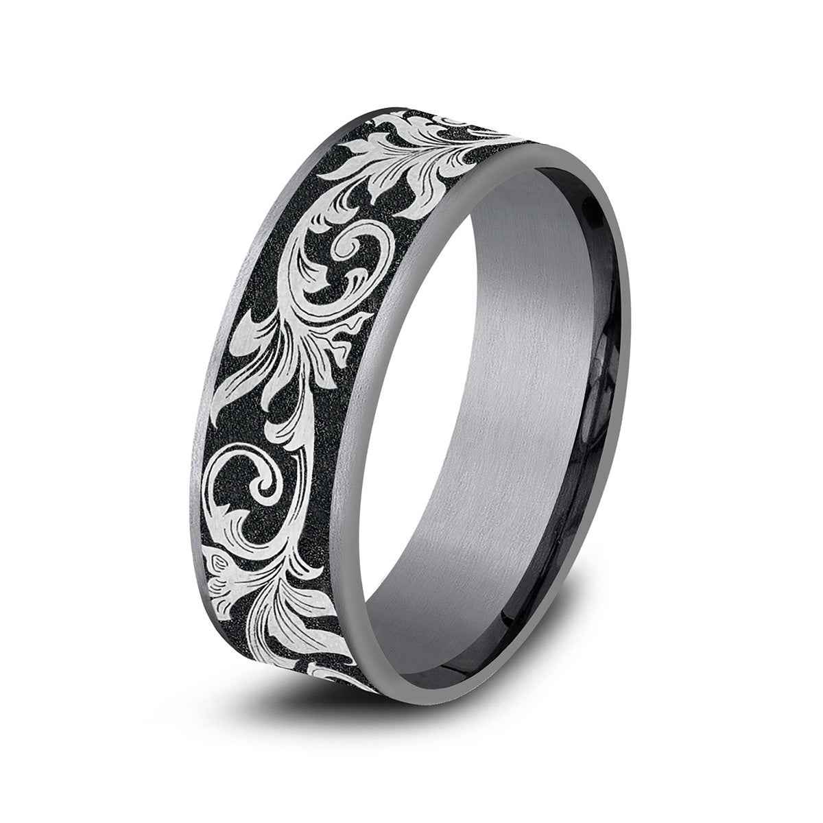 Benchmark Men's 7.5mm Vintage Script Wedding Ring in Grey Tantalum & Black Titanium