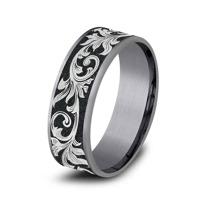 Benchmark Men's 7.5mm Vintage Script Wedding Ring in Grey Tantalum & Black Titanium