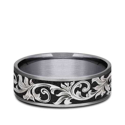 Benchmark Men's 7.5mm Vintage Script Wedding Ring in Grey Tantalum & Black Titanium
