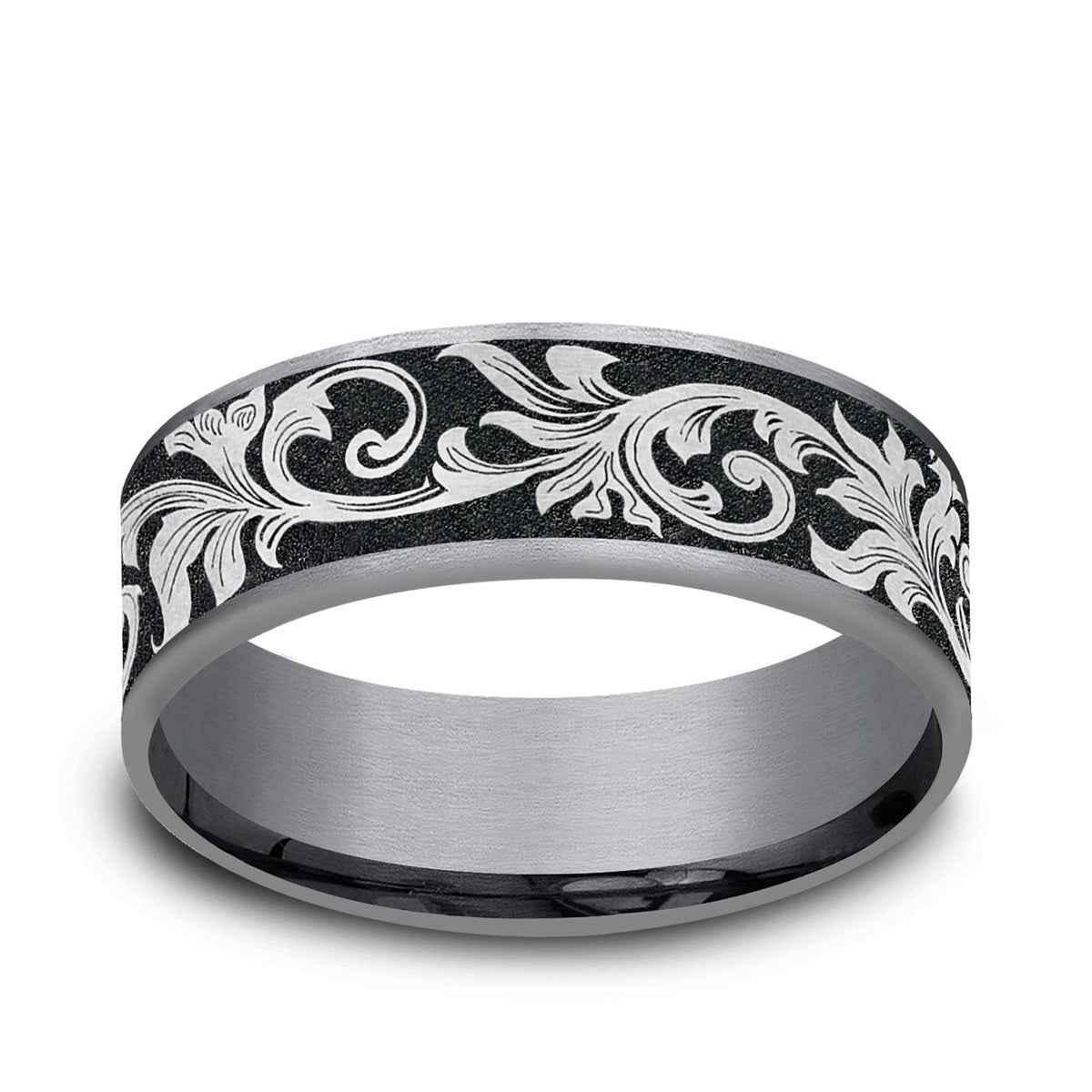 Benchmark Men's 7.5mm Vintage Script Wedding Ring in Grey Tantalum & Black Titanium