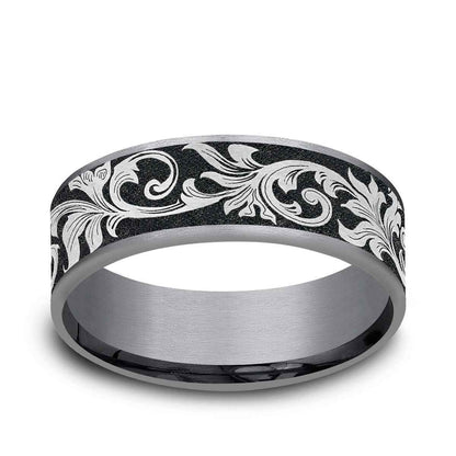 Benchmark Men's 7.5mm Vintage Script Wedding Ring in Grey Tantalum & Black Titanium