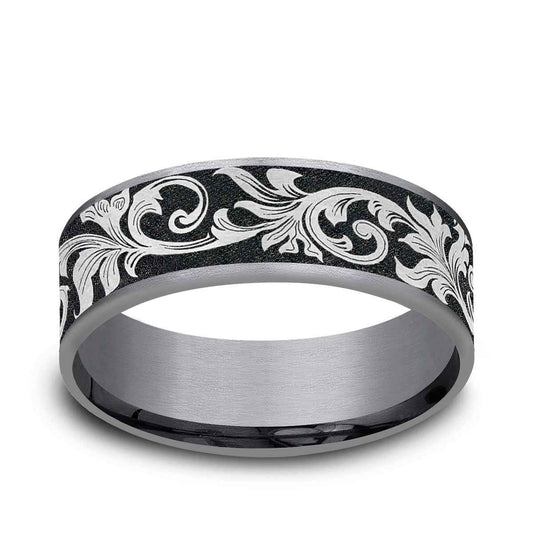 Benchmark Men's 7.5mm Vintage Script Wedding Ring in Grey Tantalum & Black Titanium
