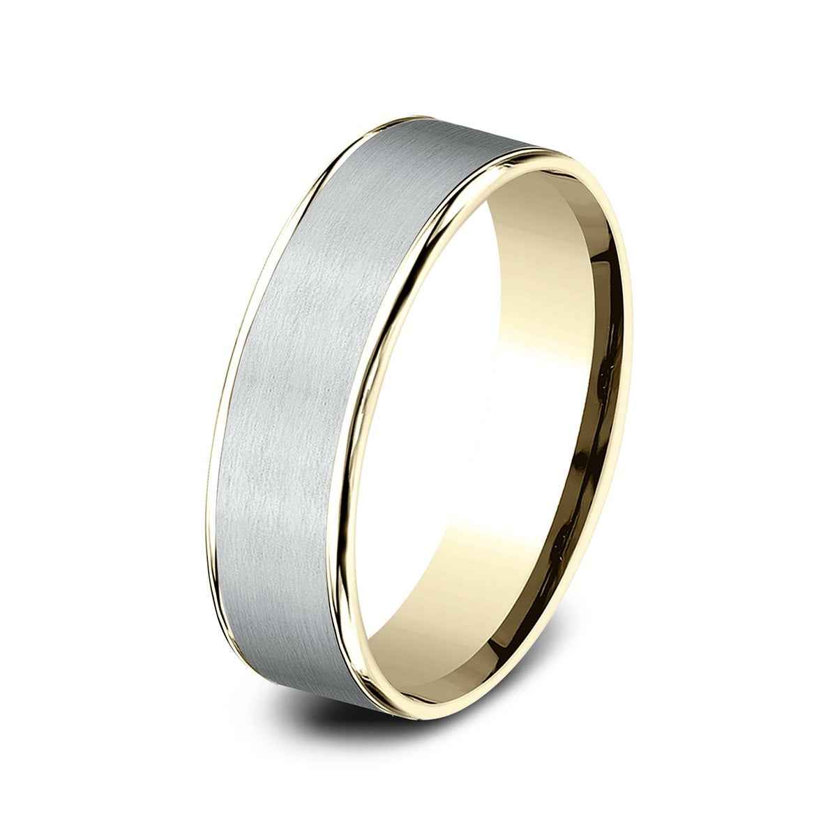 Benchmark Men's 6.5mm Polished Edge Satin Finish Wedding Ring in 14K White & Yellow Gold