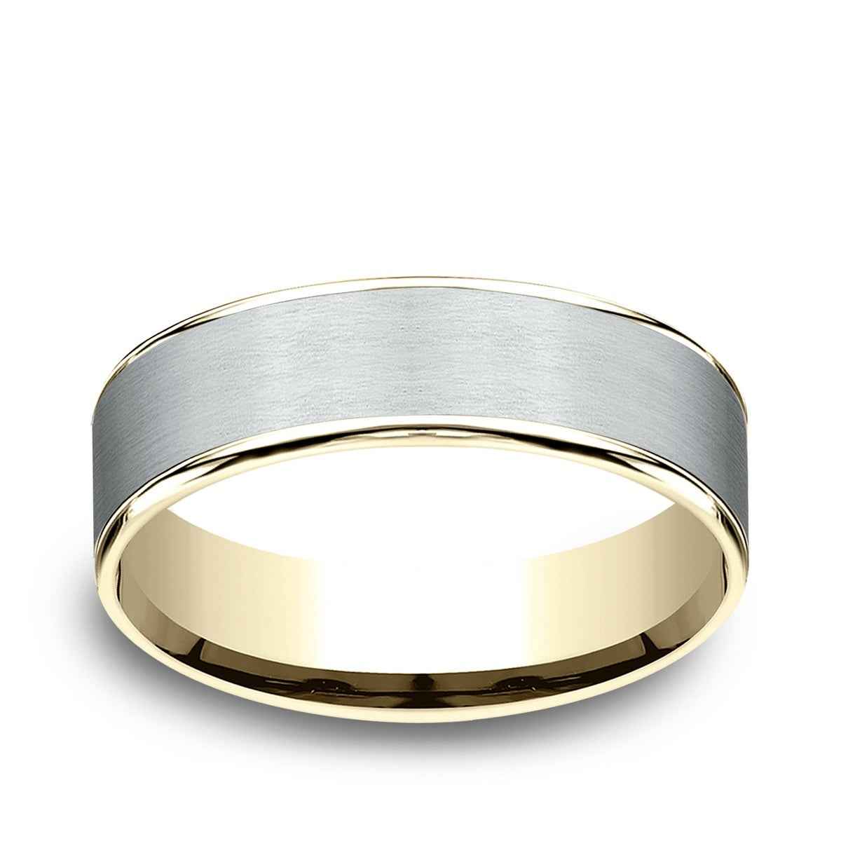Benchmark Men's 6.5mm Polished Edge Satin Finish Wedding Ring in 14K White & Yellow Gold