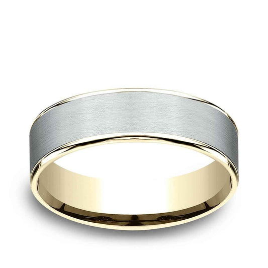 Benchmark Men's 6.5mm Polished Edge Satin Finish Wedding Ring in 14K White & Yellow Gold