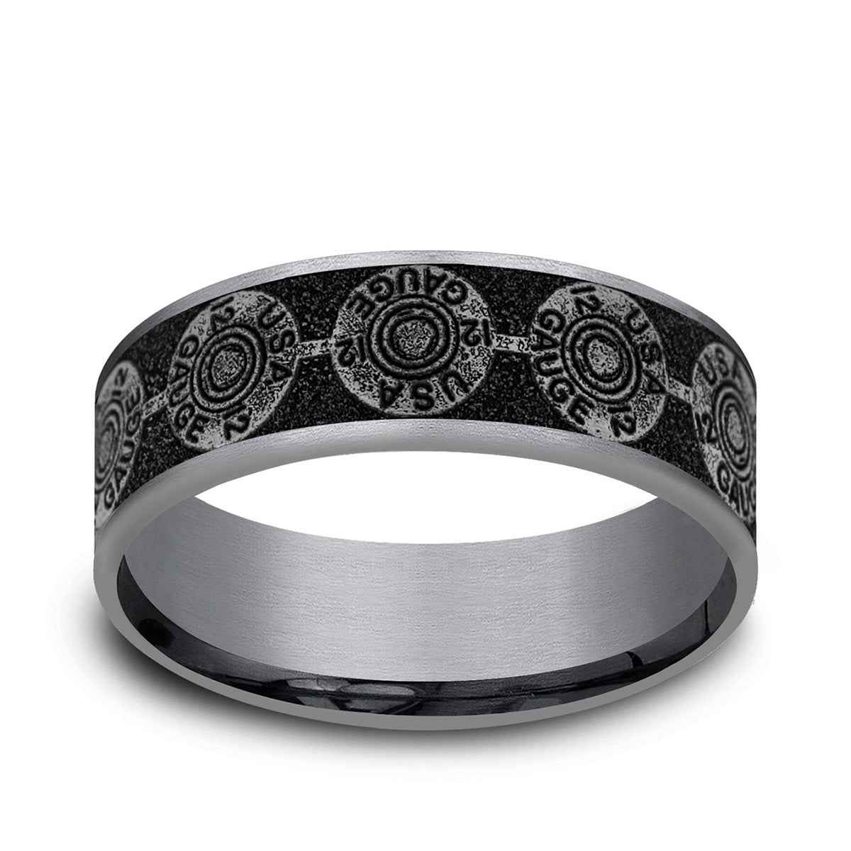 Benchmark Men's 7.5mm Thin Edge Bullet Back Design Wedding Ring in Grey Tantalum & Black Titanium