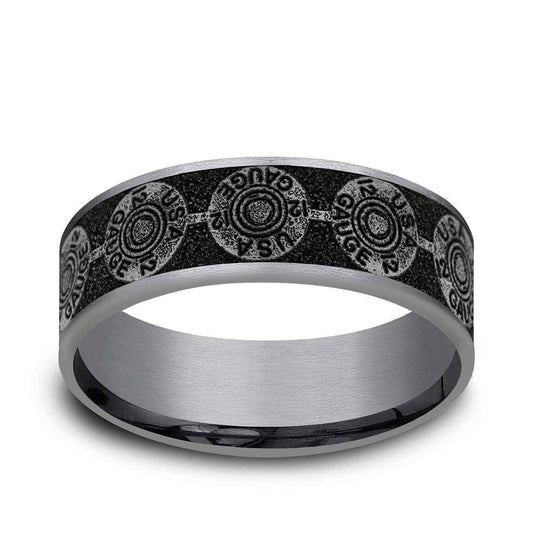 Benchmark Men's 7.5mm Thin Edge Bullet Back Design Wedding Ring in Grey Tantalum & Black Titanium