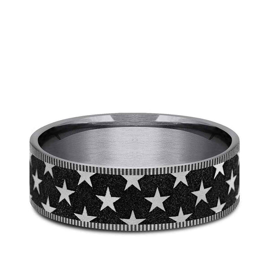 Benchmark Men's 7.5mm Milgrain Edge Star Pattern Wedding Ring in Grey Tantalum & Black Titanium
