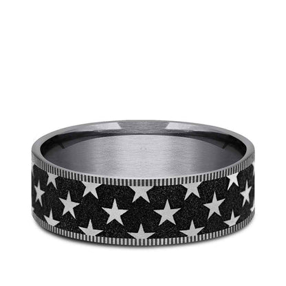 Benchmark Men's 7.5mm Milgrain Edge Star Pattern Wedding Ring in Grey Tantalum & Black Titanium