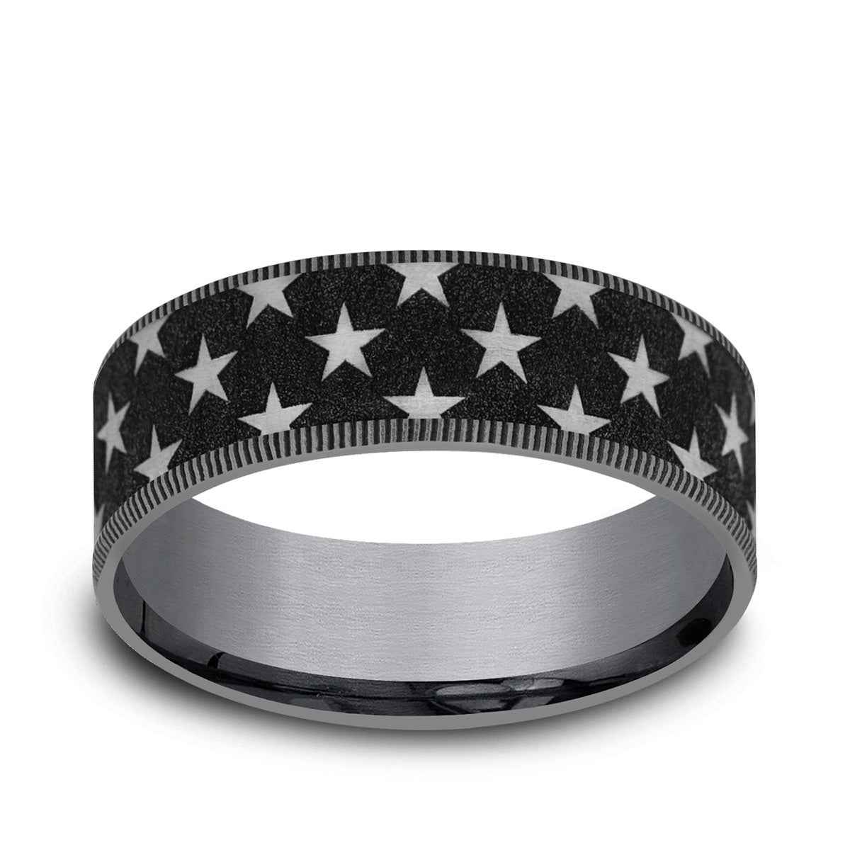 Benchmark Men's 7.5mm Milgrain Edge Star Pattern Wedding Ring in Grey Tantalum & Black Titanium