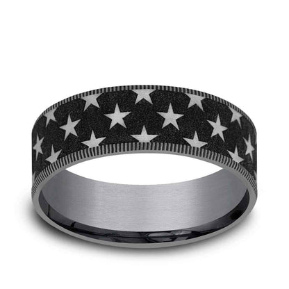 Benchmark Men's 7.5mm Milgrain Edge Star Pattern Wedding Ring in Grey Tantalum & Black Titanium