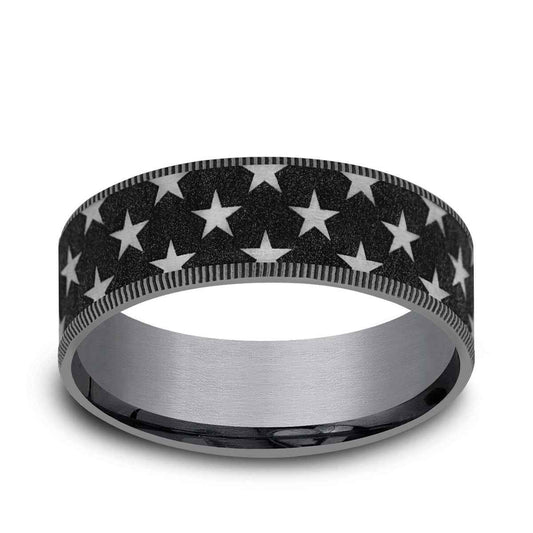 Benchmark Men's 7.5mm Milgrain Edge Star Pattern Wedding Ring in Grey Tantalum & Black Titanium