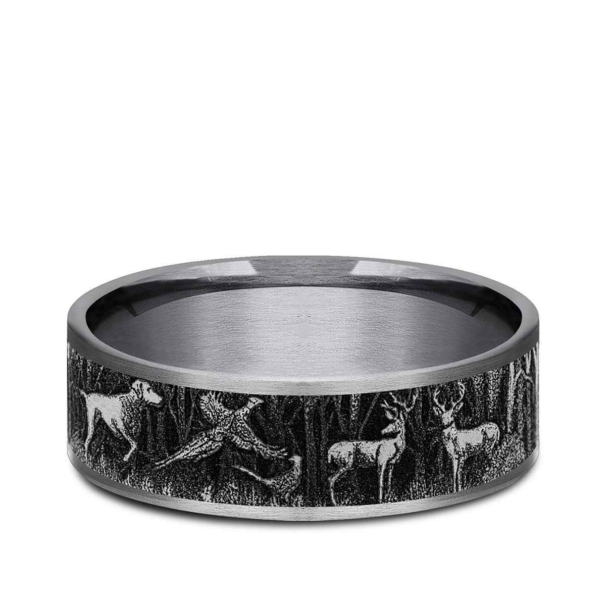 Benchmark Men's 7.5mm Thin Edge Hunting Design Wedding Ring in Grey Tantalum & Black Titanium