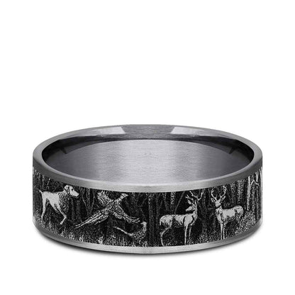 Benchmark Men's 7.5mm Thin Edge Hunting Design Wedding Ring in Grey Tantalum & Black Titanium