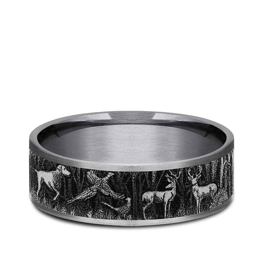 Benchmark Men's 7.5mm Thin Edge Hunting Design Wedding Ring in Grey Tantalum & Black Titanium