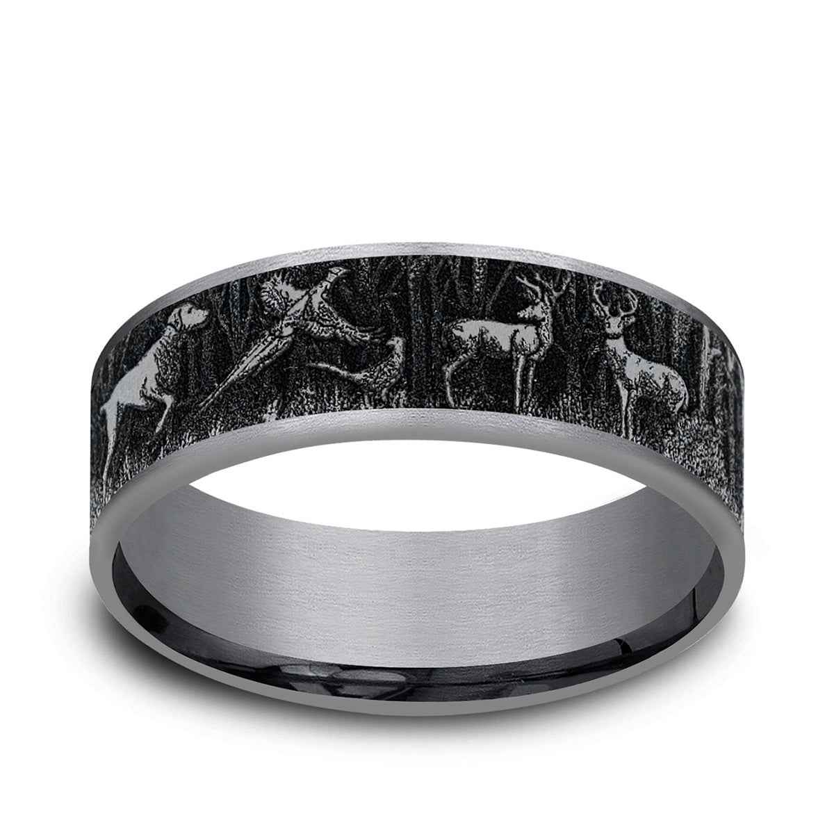 Benchmark Men's 7.5mm Thin Edge Hunting Design Wedding Ring in Grey Tantalum & Black Titanium