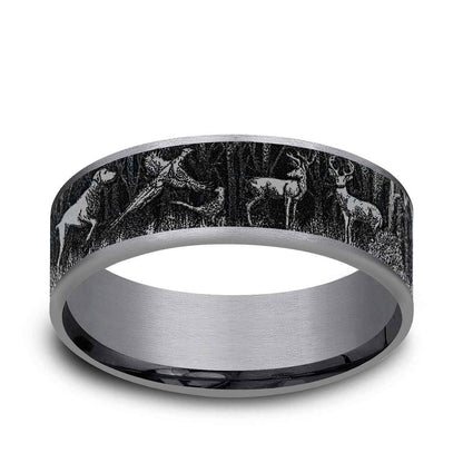 Benchmark Men's 7.5mm Thin Edge Hunting Design Wedding Ring in Grey Tantalum & Black Titanium