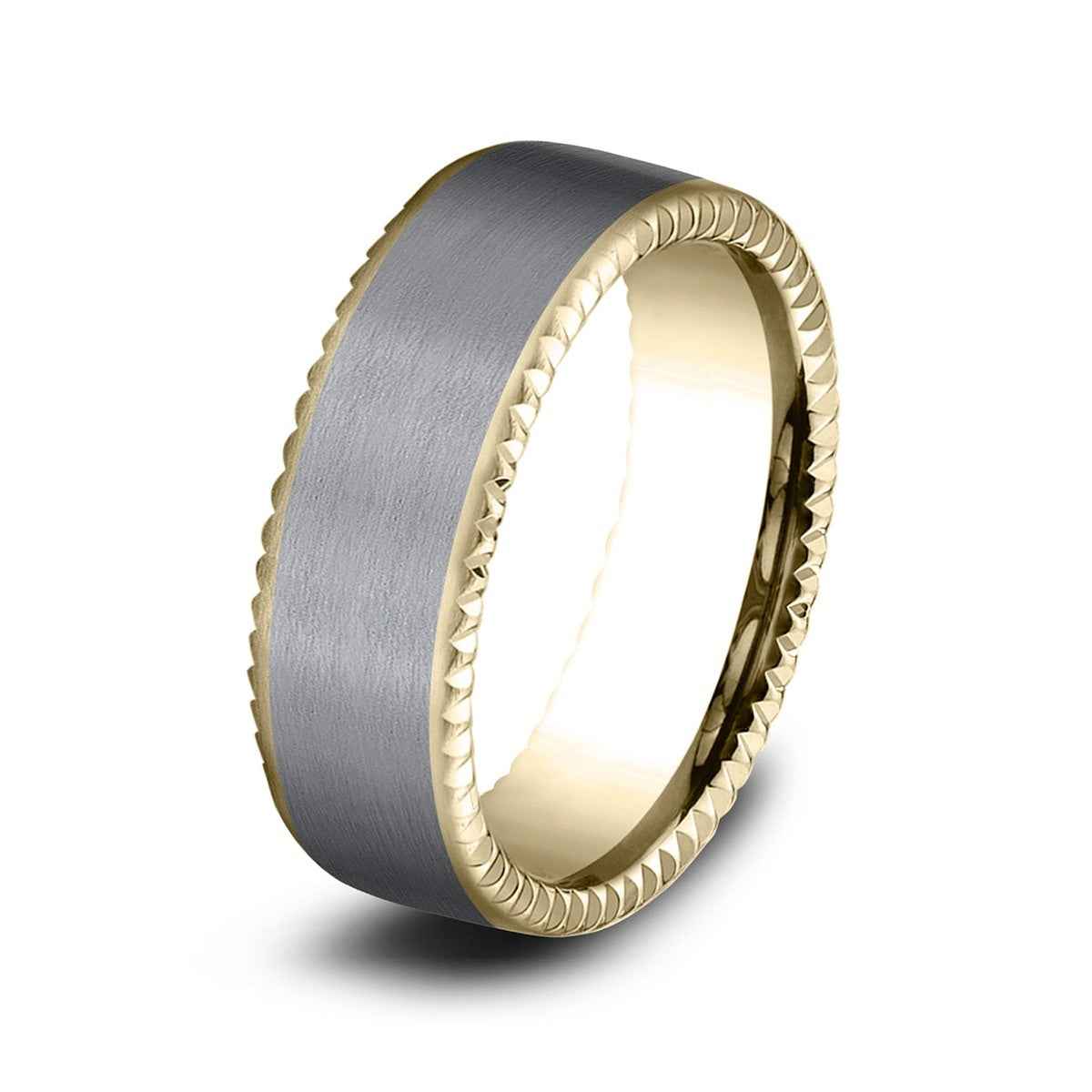 Benchmark Men's 7.5mm Fluted Face Satin Finish Wedding Ring in 14K Yellow Gold & Grey Tantalum