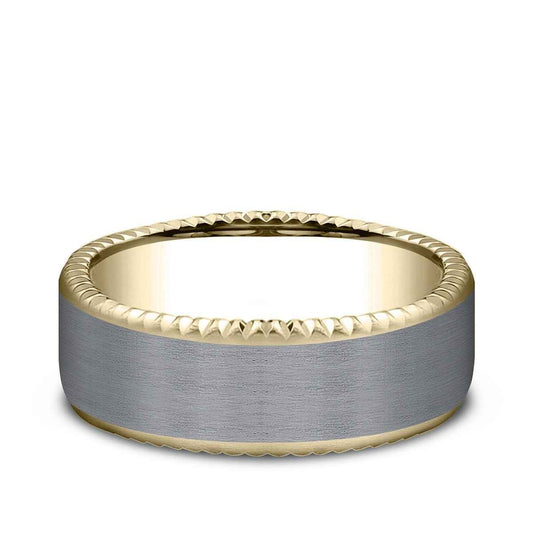 Benchmark Men's 7.5mm Fluted Face Satin Finish Wedding Ring in 14K Yellow Gold & Grey Tantalum