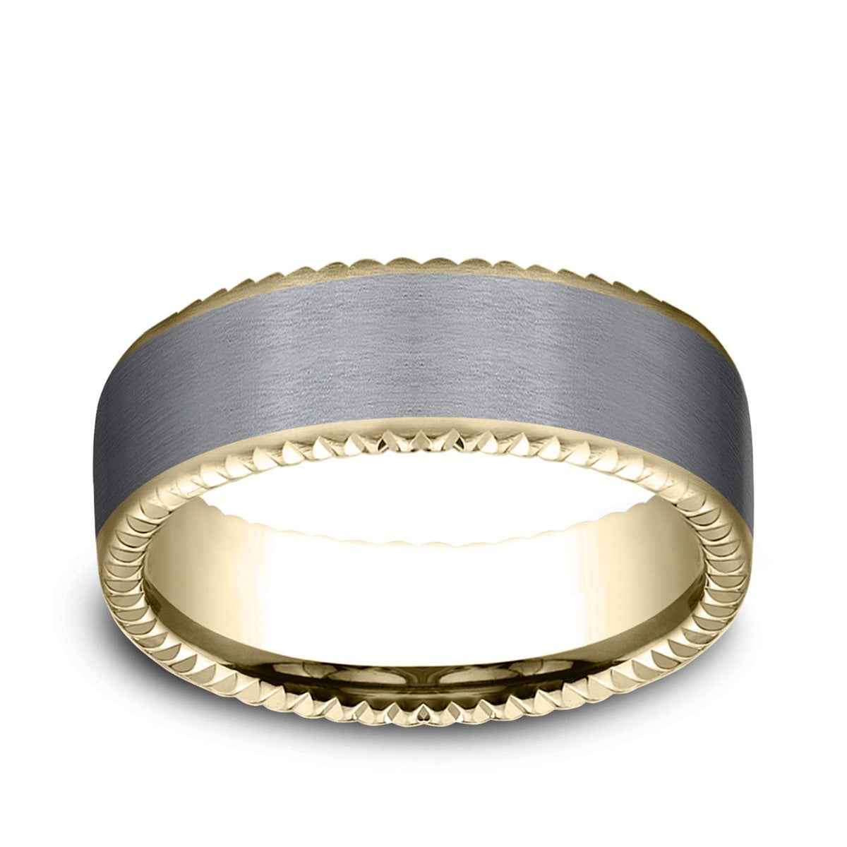 Benchmark Men's 7.5mm Fluted Face Satin Finish Wedding Ring in 14K Yellow Gold & Grey Tantalum