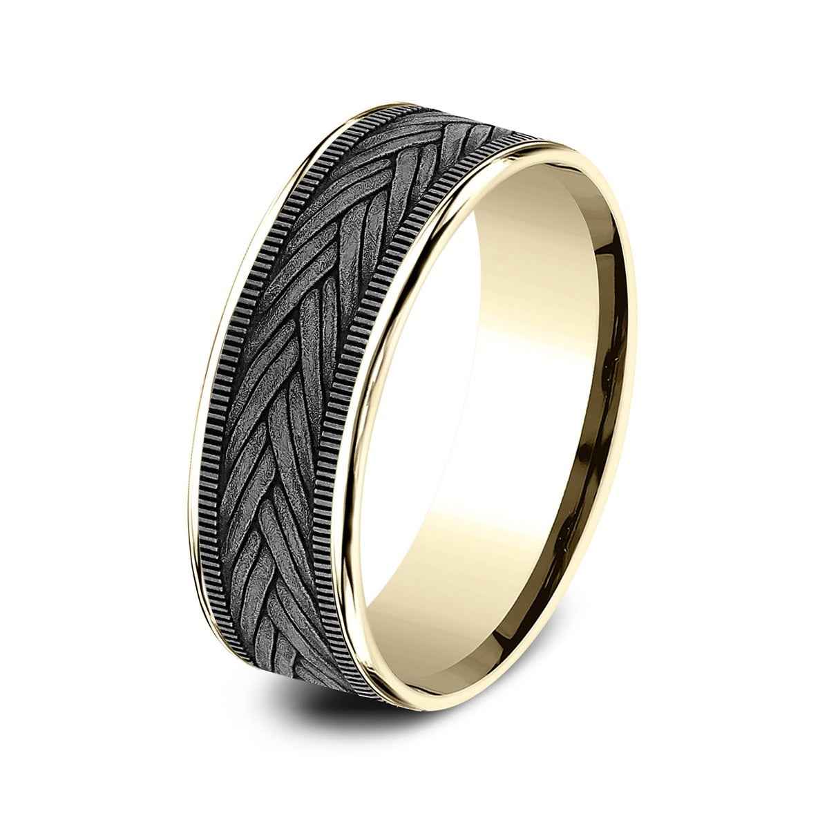 Benchmark Men's 7.5mm Wheat Weave Wedding Ring in 14K Yellow Gold & Grey Tantalum