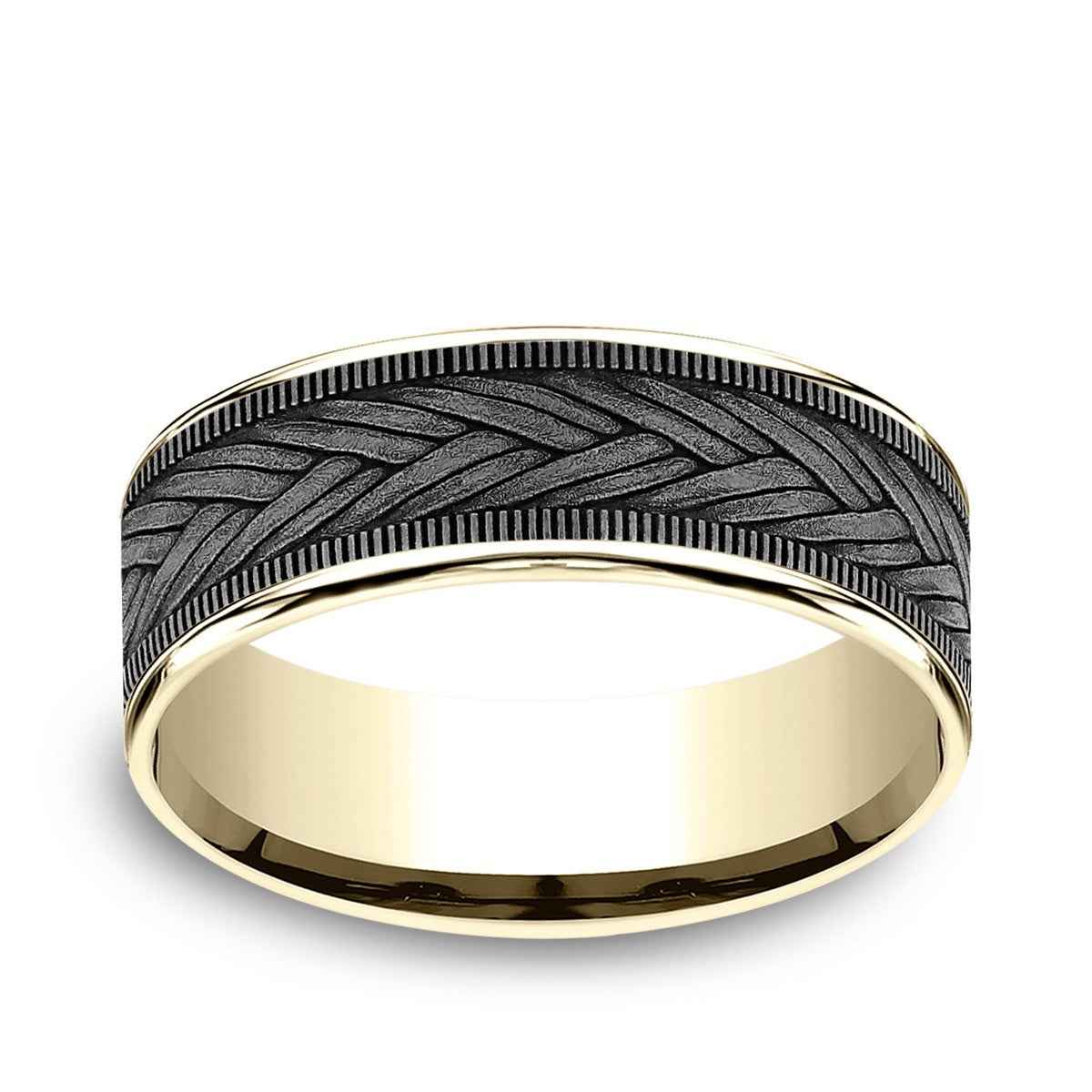 Benchmark Men's 7.5mm Wheat Weave Wedding Ring in 14K Yellow Gold & Grey Tantalum