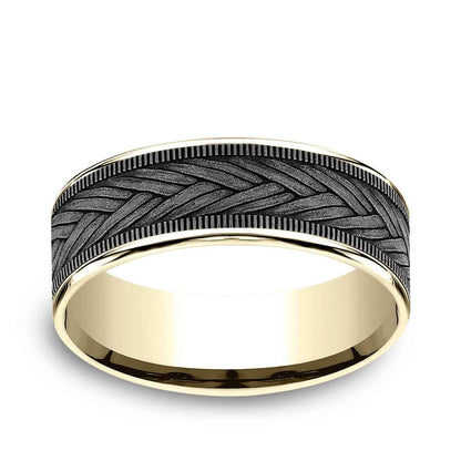 Benchmark Men's 7.5mm Wheat Weave Wedding Ring in 14K Yellow Gold & Grey Tantalum