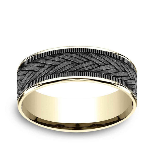 Benchmark Men's 7.5mm Wheat Weave Wedding Ring in 14K Yellow Gold & Grey Tantalum
