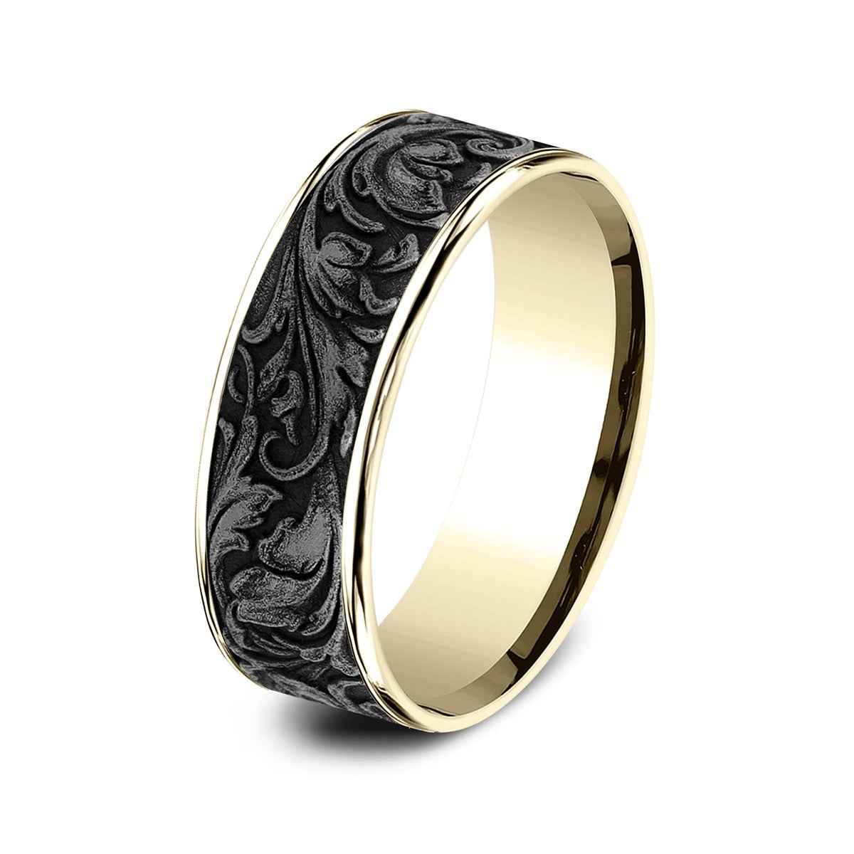 Benchmark Men's 7.5mm Vine Desing Wedding Ring in 14K Yellow Gold & Grey Tantalum