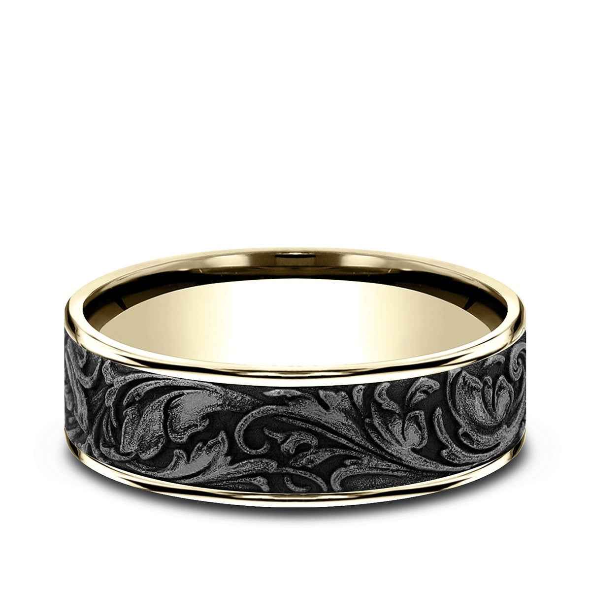 Benchmark Men's 7.5mm Vine Desing Wedding Ring in 14K Yellow Gold & Grey Tantalum