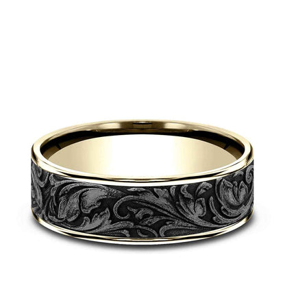 Benchmark Men's 7.5mm Vine Desing Wedding Ring in 14K Yellow Gold & Grey Tantalum
