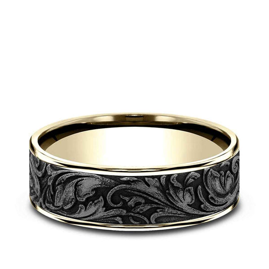 Benchmark Men's 7.5mm Vine Desing Wedding Ring in 14K Yellow Gold & Grey Tantalum
