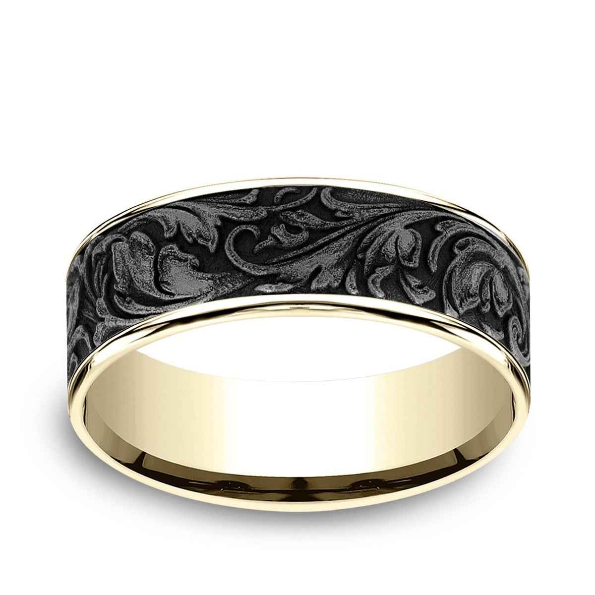 Benchmark Men's 7.5mm Vine Desing Wedding Ring in 14K Yellow Gold & Grey Tantalum