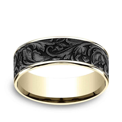Benchmark Men's 7.5mm Vine Desing Wedding Ring in 14K Yellow Gold & Grey Tantalum