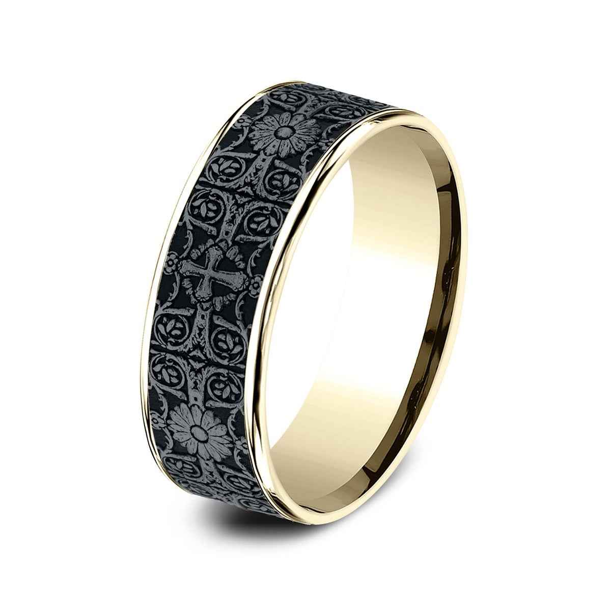 Benchmark Men's 7.5mm Cross Tile Desing Wedding Ring in 14K Yellow Gold & Grey Tantalum