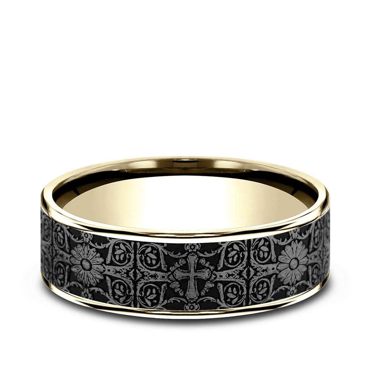 Benchmark Men's 7.5mm Cross Tile Desing Wedding Ring in 14K Yellow Gold & Grey Tantalum