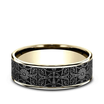 Benchmark Men's 7.5mm Cross Tile Desing Wedding Ring in 14K Yellow Gold & Grey Tantalum
