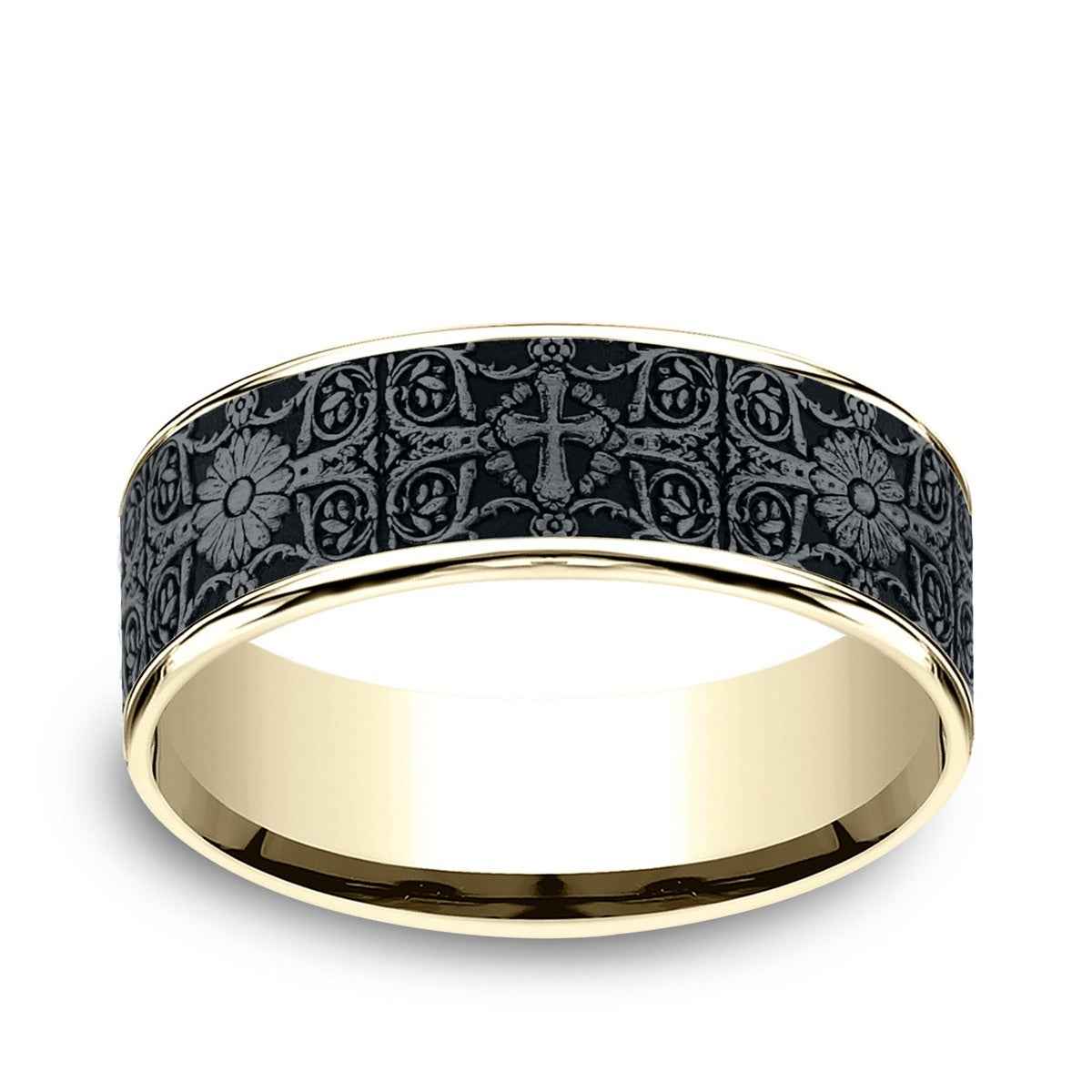 Benchmark Men's 7.5mm Cross Tile Desing Wedding Ring in 14K Yellow Gold & Grey Tantalum