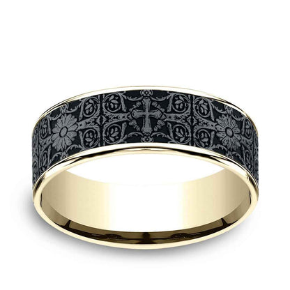Benchmark Men's 7.5mm Cross Tile Desing Wedding Ring in 14K Yellow Gold & Grey Tantalum