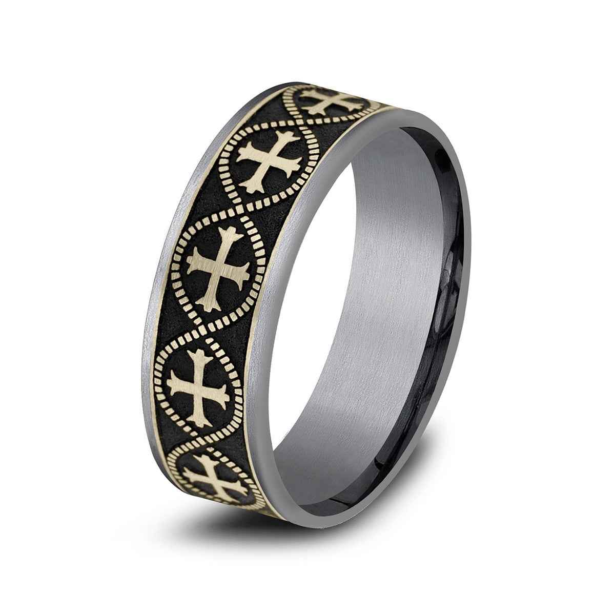 Benchmark Men's 7.5mm Thin Edge Infinity Cross Wedding Ring in Grey Tantalum & 14K Yellow Gold