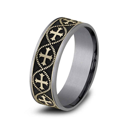 Benchmark Men's 7.5mm Thin Edge Infinity Cross Wedding Ring in Grey Tantalum & 14K Yellow Gold