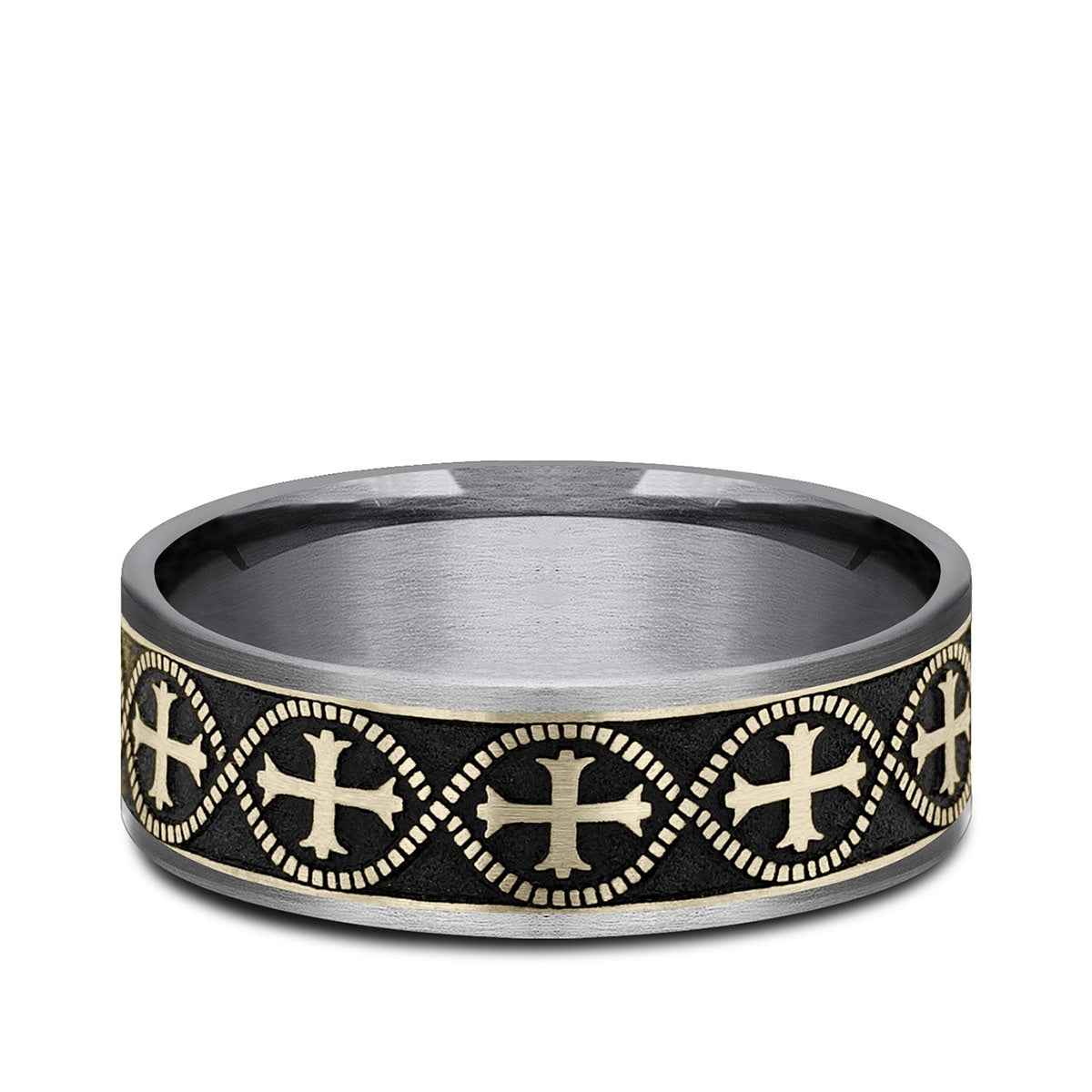 Benchmark Men's 7.5mm Thin Edge Infinity Cross Wedding Ring in Grey Tantalum & 14K Yellow Gold