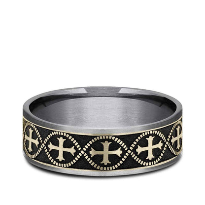 Benchmark Men's 7.5mm Thin Edge Infinity Cross Wedding Ring in Grey Tantalum & 14K Yellow Gold
