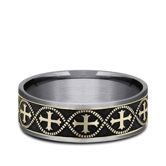 Benchmark Men's 7.5mm Thin Edge Infinity Cross Wedding Ring in Grey Tantalum & 14K Yellow Gold