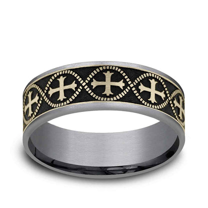 Benchmark Men's 7.5mm Thin Edge Infinity Cross Wedding Ring in Grey Tantalum & 14K Yellow Gold