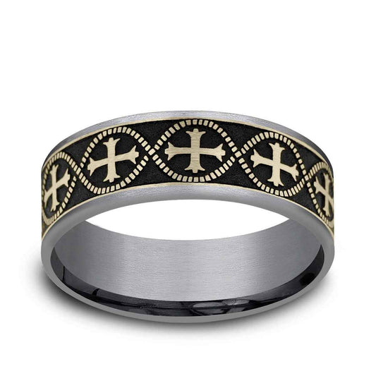 Benchmark Men's 7.5mm Thin Edge Infinity Cross Wedding Ring in Grey Tantalum & 14K Yellow Gold
